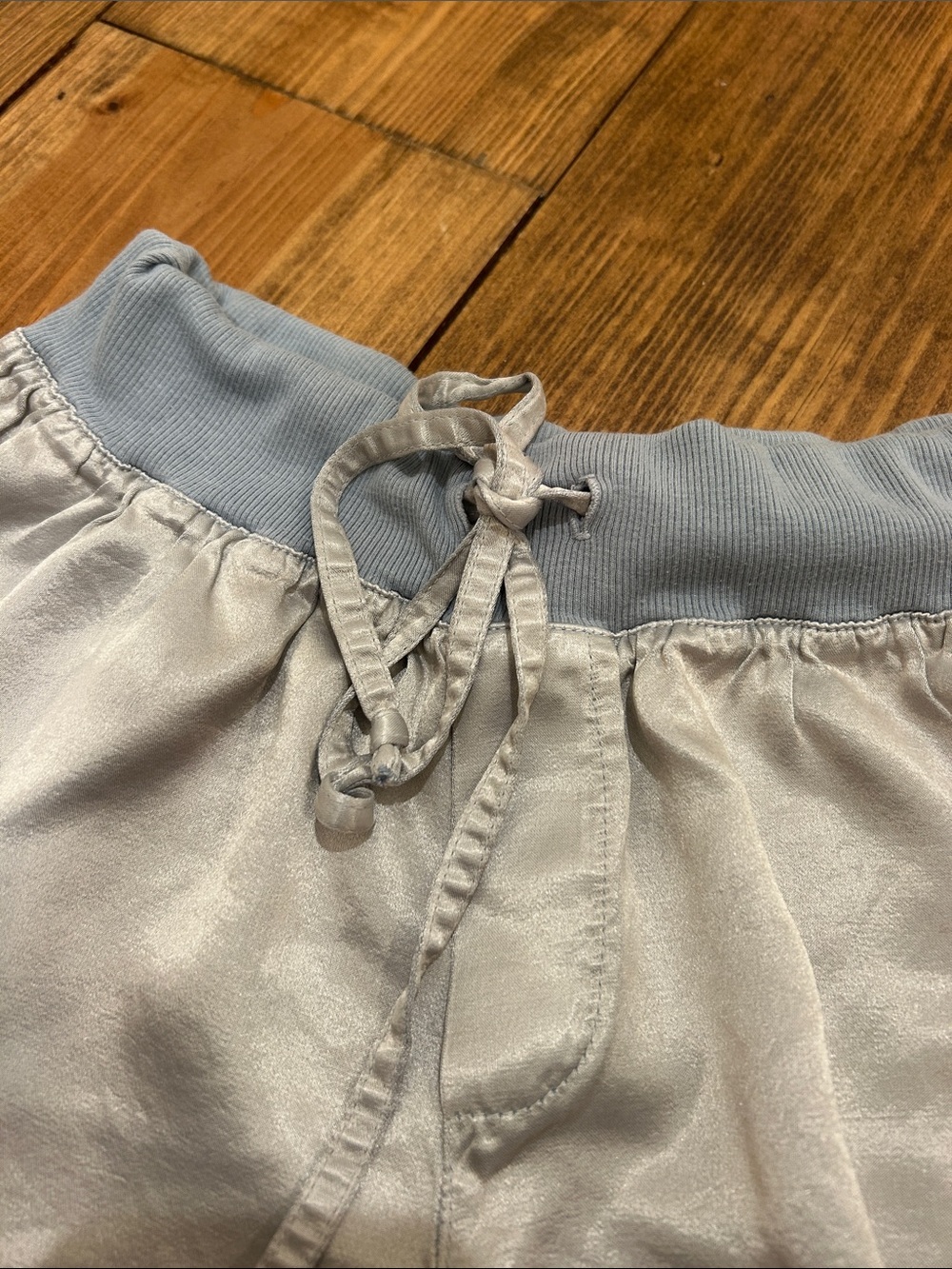 Light Gray Satin Shorts with Dusty Blue Waistband - Picture 4 of 5